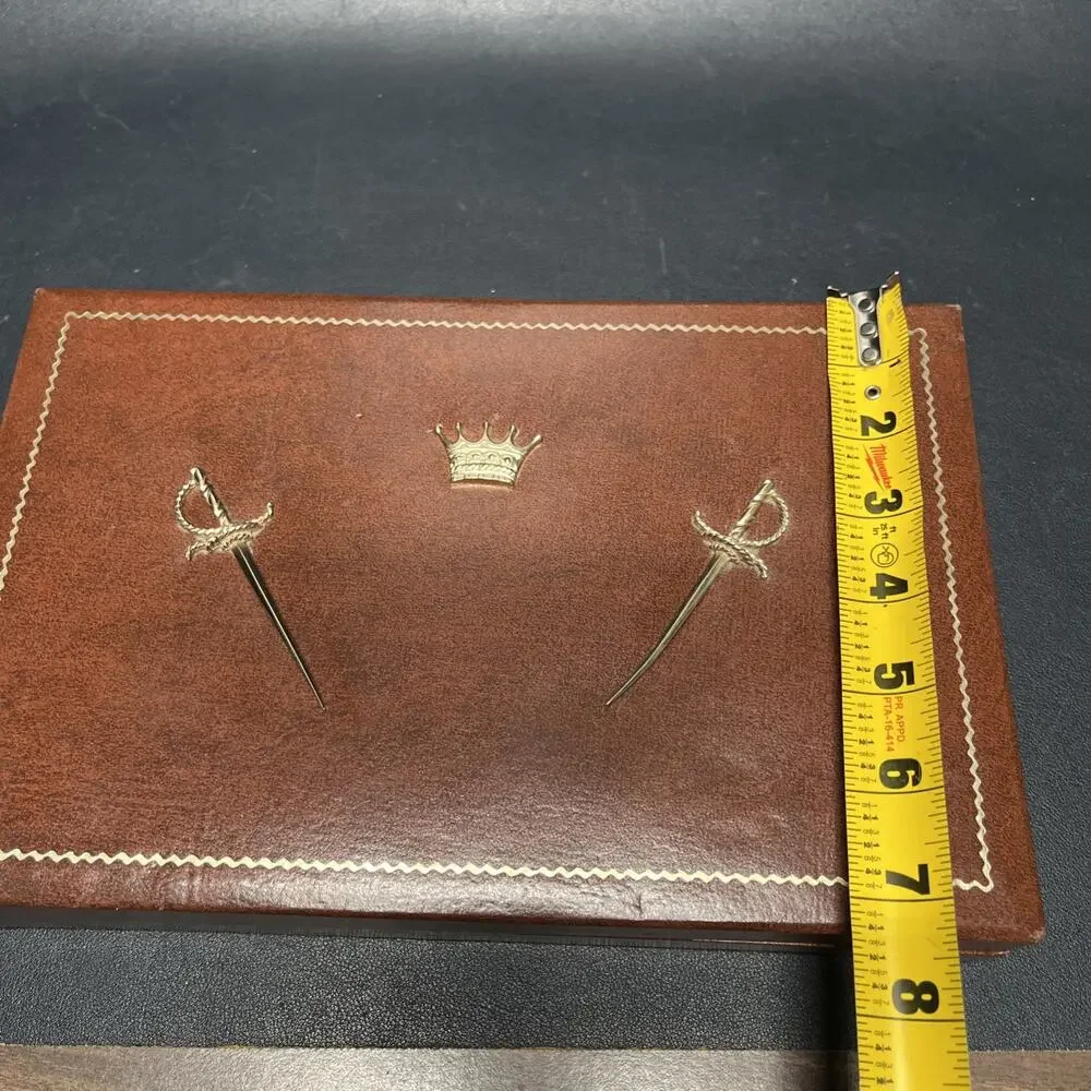 Vintage Dante Mens Jewelry Box Valet Box Faux Brown Leather, Swords & Crown